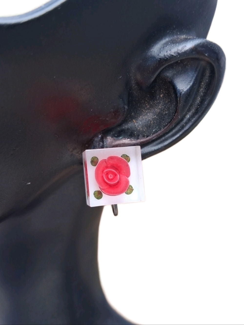 Vintage 1950s Mid Century Lucite Rose Reverse Carved Screw Back Earrings